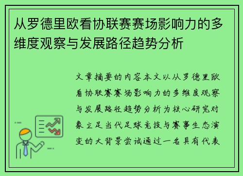 从罗德里欧看协联赛赛场影响力的多维度观察与发展路径趋势分析
